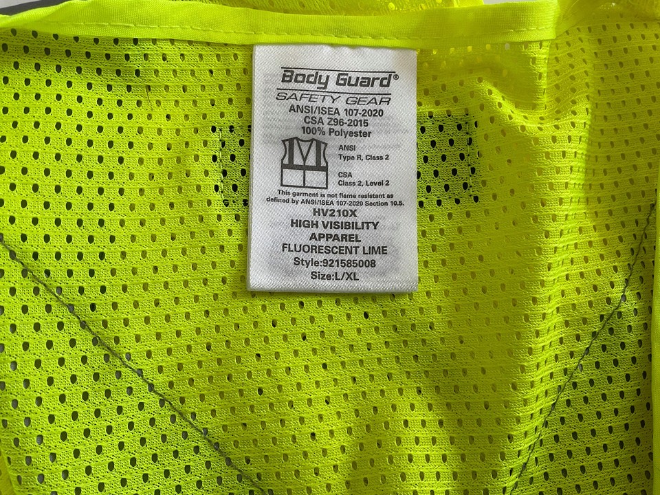 Body Guard Safety Gear VEST Size L/XL Fluorescent Lime Pockets Class 2