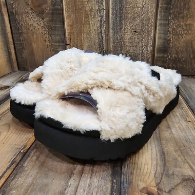 UGG FUZZ SUGAR CROSS SLIDE PLATFORM SANDAL BEIGE FAUX FUR WOMENS US 11 