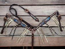 Genuine Leather Fringe Headstall and Breast Collar Horse Tack Set Decorate MOUSM