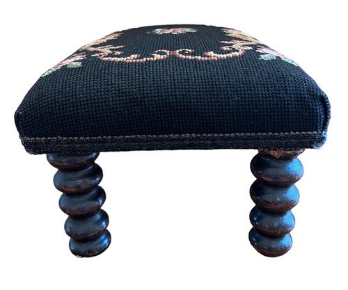 Antique Needlepoint Ottoman Stool Footrest Spool Bobbin Legs 19thC VTG Signed ** - Picture 9 of 15