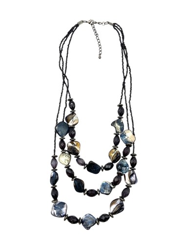 Black-Silver-Gray Multi Strand Glass, Acrylic & Abalone Beaded Layered Necklace - Bild 19 von 24
