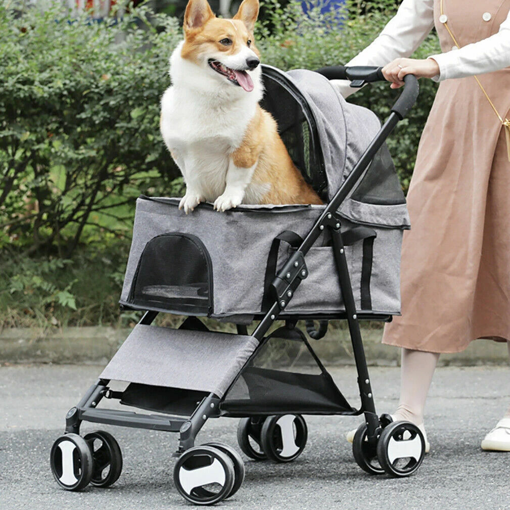Large Foldable Dog Stroller Pet Cat Travel Pushchair Pram w Mesh Windows 4 Wheel