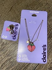 Claire  s gold tone pink strawberry bff best friend necklace set adj ring jewelry