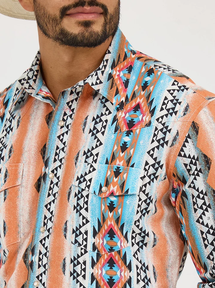 Wrangler Men's Checotah® Long Sleeve Snap Printed Shirt Orange Bowl - 112365887 - Image 2 of 3