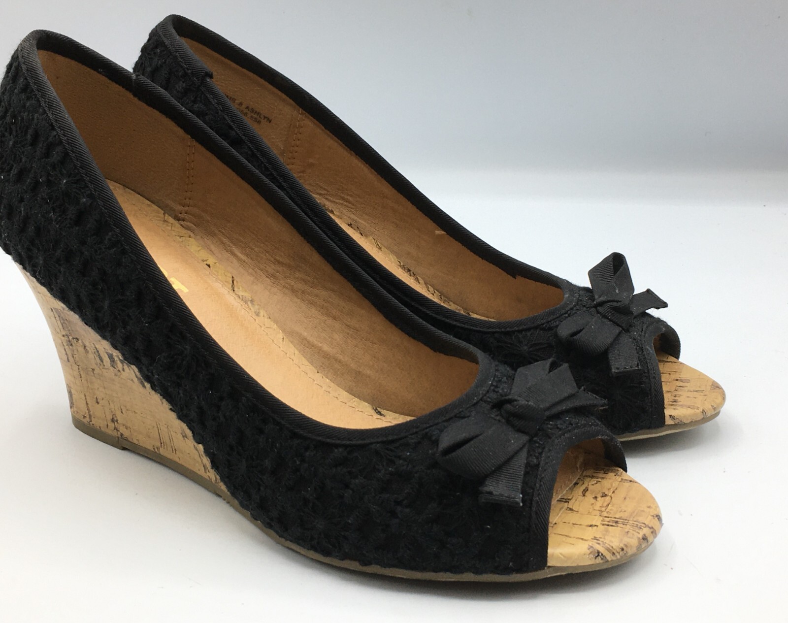 Report Ashlyn Women's Black Fabric Wedge 3 Heels Peep Toe Slip-On Shoes 8  M Bow | eBay