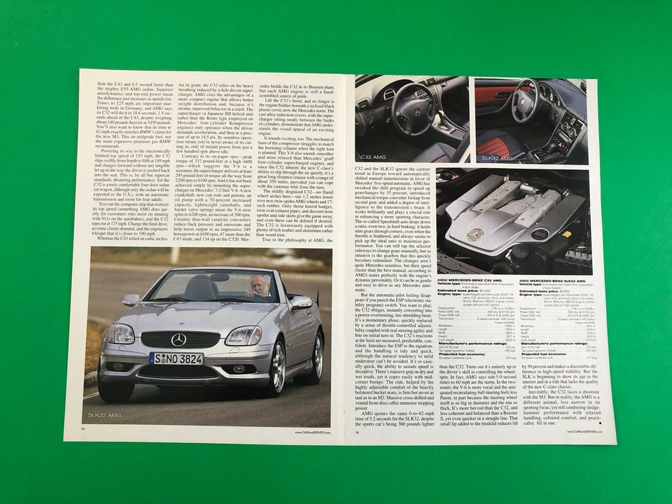 2002 MERCEDES BENZ C32 CLK32 AMG ORIGINAL PRINT AD 3 PAGE ROAD TEST PRINTED - Image 2 of 2