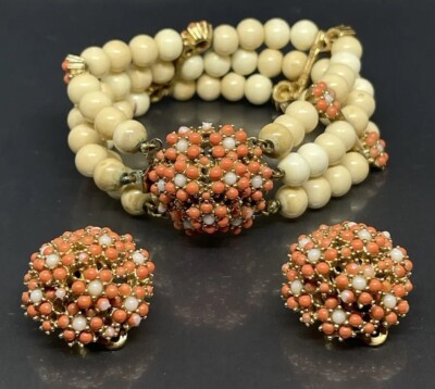 Ciner Bracelet Clip On Earrings Set Gold Tone Metal Faux Coral Faux Pearl Beaded