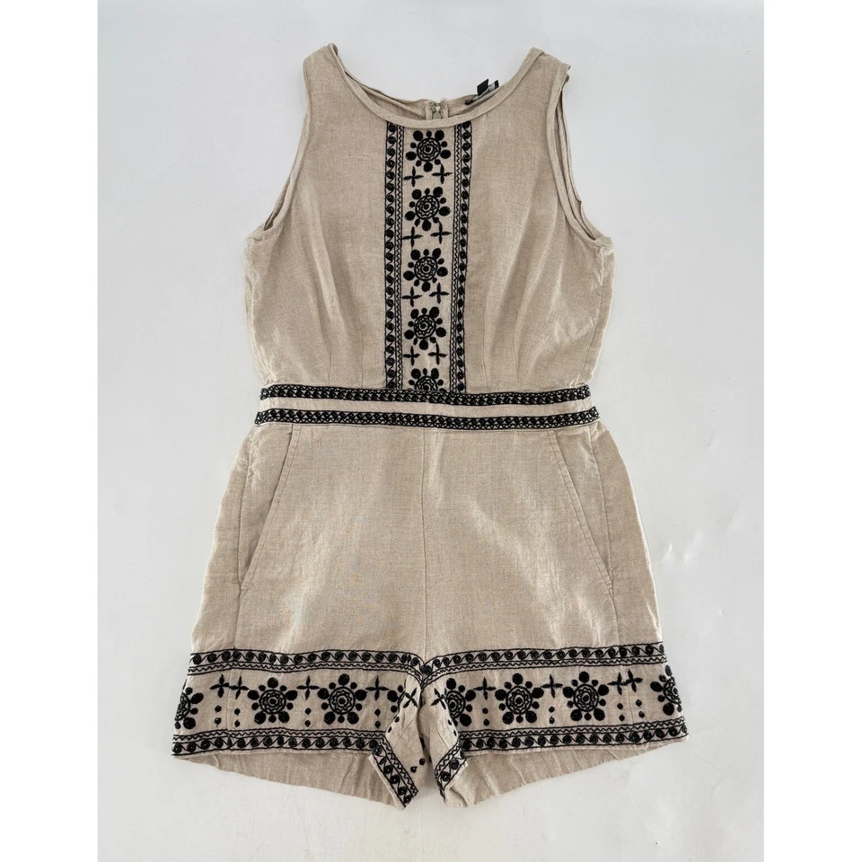 LOFT 100% Linen Beige Black Embroidered Sleeveless Romper Sz 00P - Image 4 of 4