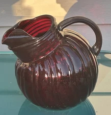 Vintage Anchor Hocking Royal Ruby Ribbed Swirled Glass Tilted Ball Pitcher