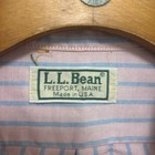 Pink, blue, and white vertical striped LL Bean short sleeve oxford shirt with green manchine and white printed label.
