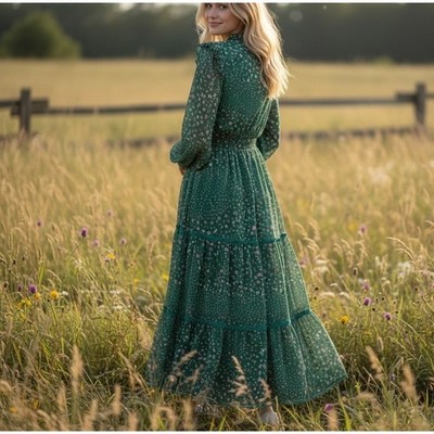 Three Floor Green Chiffon Peasant Maxi Dress SIZE 0 Ruffle Party Designer $435