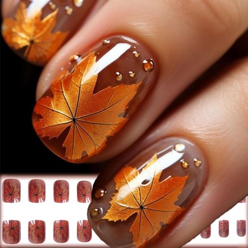 Chrome Metal Maple Leaves Press on Nails Short Square Thanksgiving Maple 8 - Picture 3 of 7