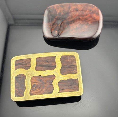 Vintage Belt Buckle Lot x 2 WOOD & Brass California Redwood Burl & Hecho Mexico