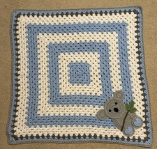 Crochet Handmade Koala Bear Baby Blanket Blue White 31  x31  Square NEW