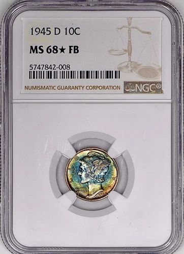 1945 D 10c NGC MS68 FB * STAR - PQ Rainbow Iridescence / Luster /Pop 2/1  $6,250