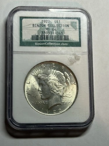 1922 P Peace Silver Dollar $1 NGC MS64 Binion Collection Blast White