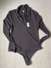 Ribbed Chocolate Brown Long Sleeve Bodysuit Mock Neck Zip Front Women  s XL BNWT