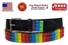 Punk Rock RAINBOW Metal Rivets Pyramid Studs Leather Belt with Buckle