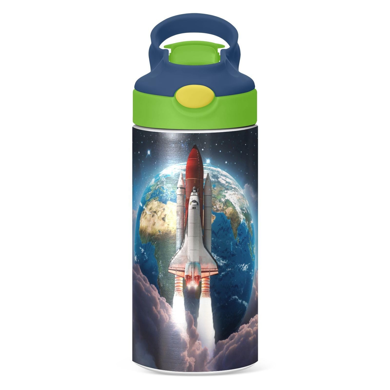 Outer Space Rocket Kids Water Bottle with Straw and Carry Ha