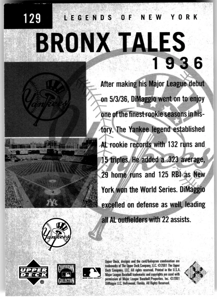 2001 Upper Deck Legends of New York #129 Joe DiMaggio - Image 2 of 2