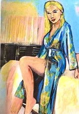 5x7 Original Painting “Woman In Negligee” Colorful Mixed Medium Signed Art