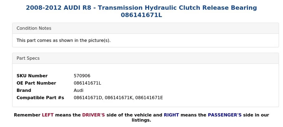 2008-2012 AUDI R8 - Подшипник выпуска гидравлического сцепления трансмиссии 086141671L - Изображение 3 из 4