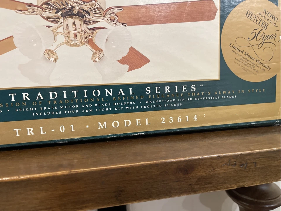 Vintage Hunter Original Ceiling Fan 52 In Bright Brass Walnut / Oak Finish New ! - Image 3 of 4