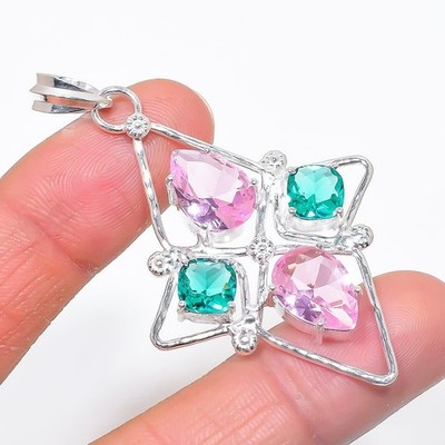 Pink Kunzite Gemstone Handmade 925 Sterling Silver Jewelry Pendant Size 2.7''