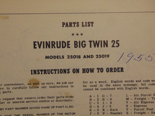1955 Evinrude Outboard 25 HP Big Twin Parts Catalog Manual 25018 25019 - Picture 2 of 4