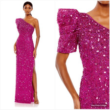 NWT Mac Duggal EMBELLISHED PUFF ONE SHOULDER COLUMN GOWN Hot Pink 2