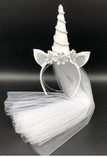 White Unicorn Bridal Headband w/Tulle Veil, Wedding, Bachlorette, Theme Unicorn