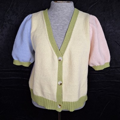 L SO Pastel Colorblock Short Sleeve Sweater Grandmacore Cottagecore 3 Button