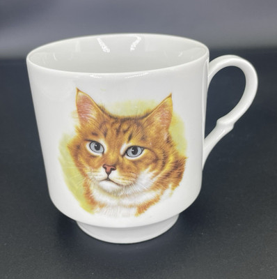 Orange Tabby Ginger Cat Blue Eyes Porcelain Coffee Cup Mug Bavaria Germany Vtg