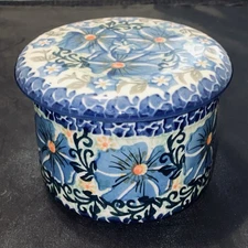 VTG Polish Pottery Unikat French Butter Dish/Bell Floral Blue - Barbara Makiela