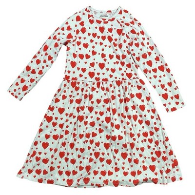 Mini Rodini Kids Girls' White Red Hearts Long Sleeve Mini Flare Dress Sz 9-11YO