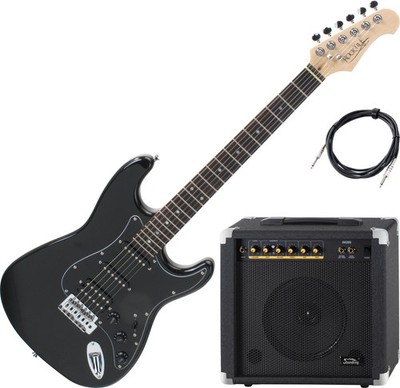Rocktile Pro ST60-BK E-Gitarre All Black AK20G Set Bundle Combo-Verstärker Kabel