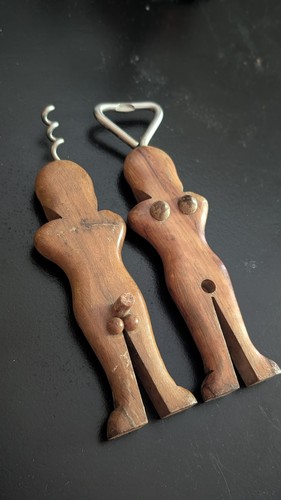 Mid 20th Century German Adam & Eve Wooden Corkscrew & Bottle Opener 