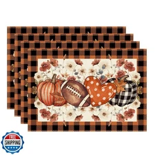 XCHI Fall Football Pumpkin Love Heart Flowers Plaid Placemats Set of 4 Table 