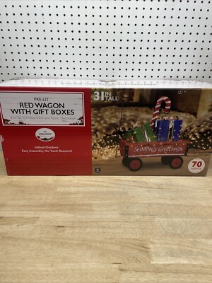 Christmas Pre-Lit Red Wagon w/Gift Boxes 31 inch 70 Lights Wire/Fabic Decor