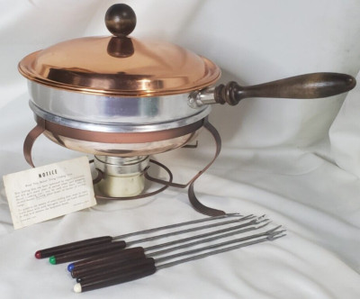Vintage Copper Chaffing Dish Food Warmer w/Wood Handle Fondue Complete Set