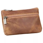 Brown Genuine Leather Small Coin Holder Change Purse Zipper Key Card Wallet