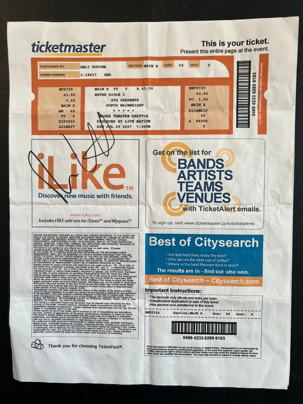 signed Rufus Wainwright ticket and Set List from 2007 Seattle Moore Theater