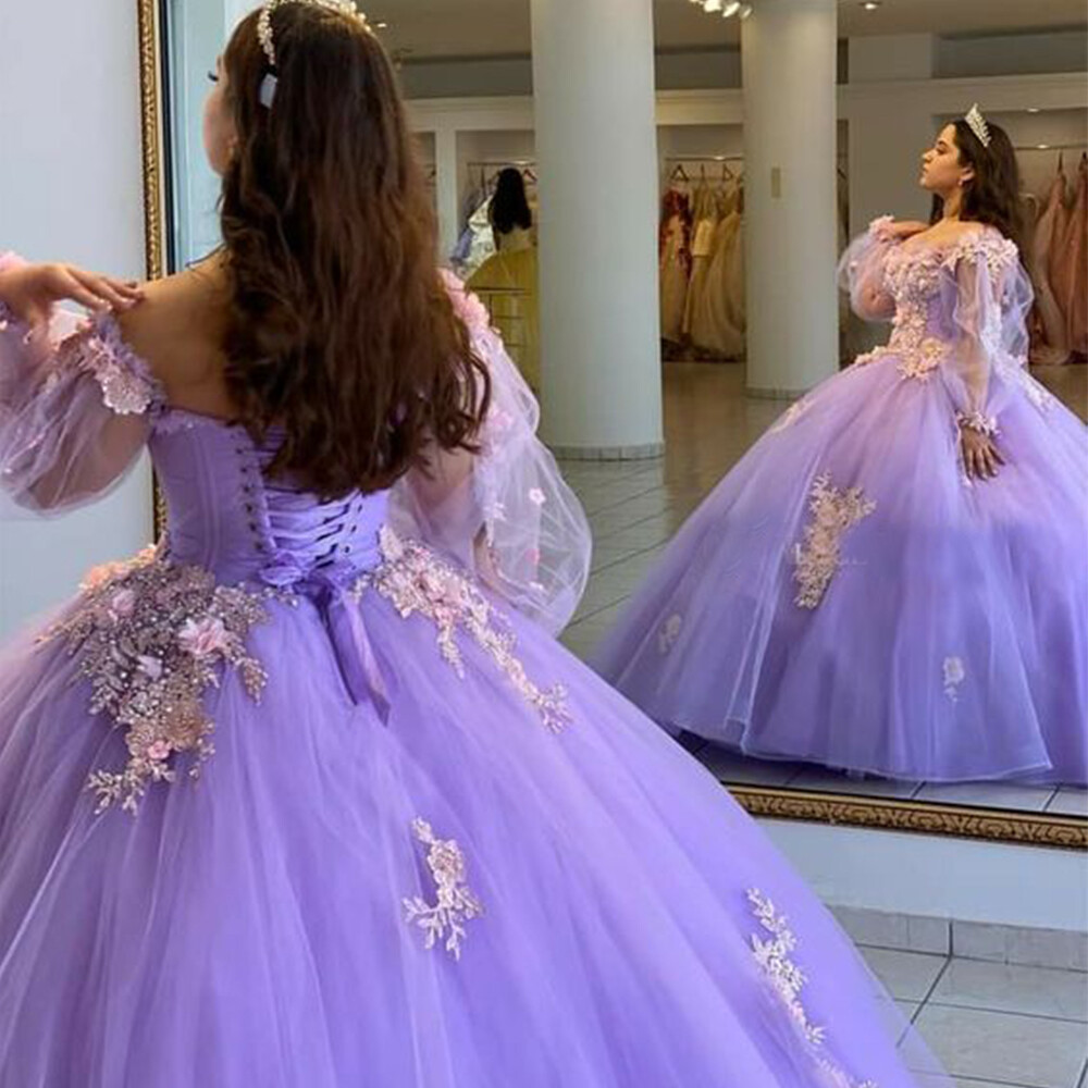 Lavender Quinceanera Dresses Long Sleeves 3D Floral Beaded Sweet