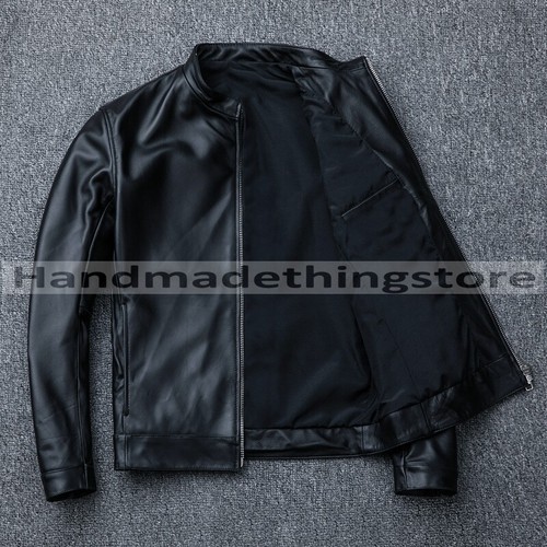 Men Black Slim Fit Bomber Vintage Motorcycle Black Biker Real Leather Jacket - Picture 5 of 6