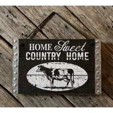 New Farmhouse Primitive Rustic Black Cow HOME SWEET COUNTRY HOME SIGN Plaque