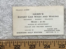 1950s 1960s Business Card Hawk's Expert Car Wash Waxing Neptune NJ Sheridan Gulf