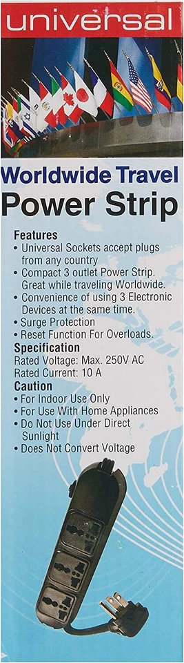 Simran 110-220 Volt Surge Protector 3 Outlet Universal Power Strip Worldwide Use - Image 4 of 4