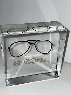 Paperweight Solid Clear Glass square block ''BE COOL''  eye glasses design