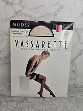 Vintage Vassarette Lace Top Thigh High Long Beige Stocking Hose Scalloped 4710