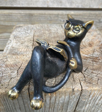 13cm Bronze Metall Gold Figur  Katze mit Buch Art Deko